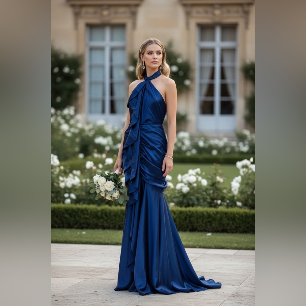 Alexandre Vauthier Silk Navy Halter Dress Size 44 or US 12 NWT